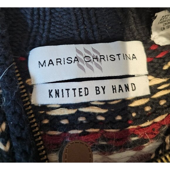 Marisa Christina Sweater Hand Knit Fair Isle Tan Black Ramie Cotton Zip Up - Picture 3 of 15